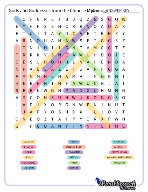 Gods and Goddesses from the Chinese Mythology Word Search Puzzle