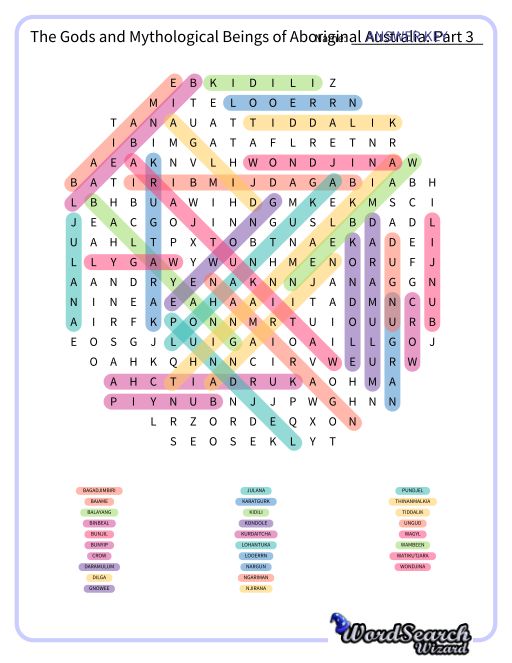 The Gods and Mythological Beings of Aboriginal Australia: Part 3 Word Search Puzzle