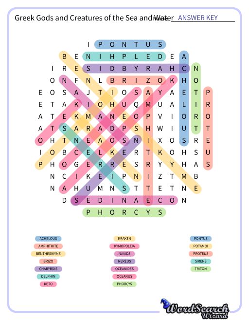 Greek Gods and Creatures of the Sea and Water Word Search Puzzle