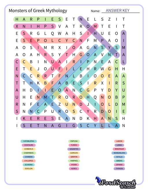Monsters of Greek Mythology Word Search Puzzle
