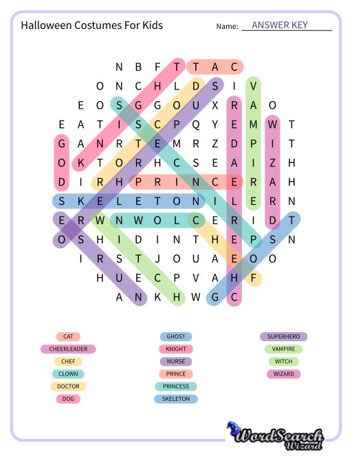 Halloween Costumes For Kids Word Search Puzzle