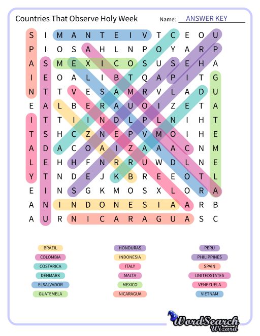 Countries That Observe Holy Week Word Search Puzzle