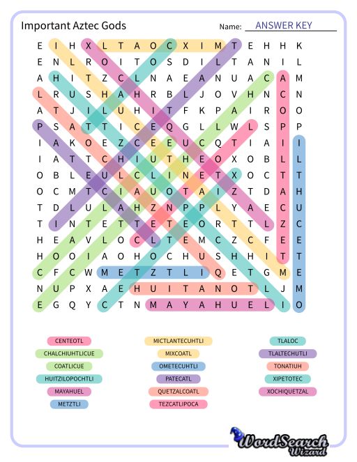 Word Search Puzzle Important Aztec Gods