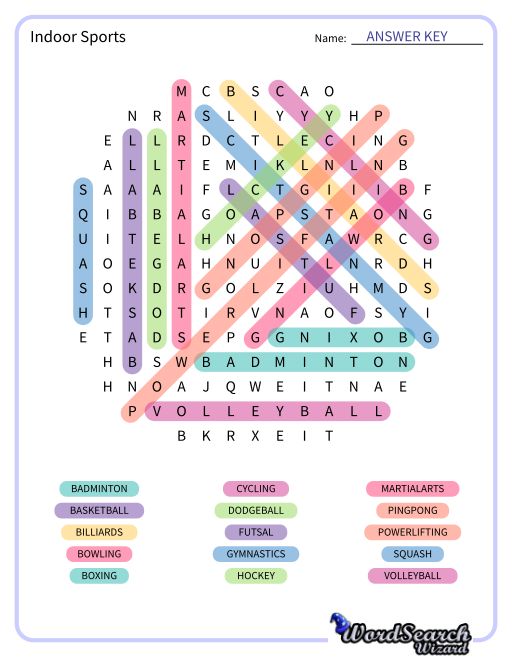 Indoor Sports Word Search Puzzle