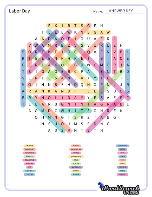 Labor Day Word Search Puzzle