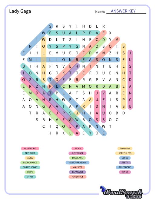 Lady Gaga Word Search Puzzle