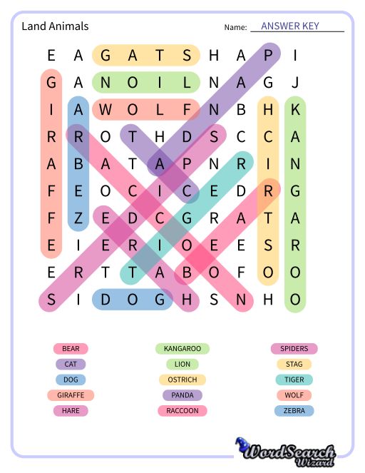 Land Animals Word Search Puzzle