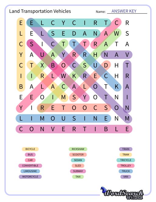 Land Transportation Vehicles Word Search Puzzle
