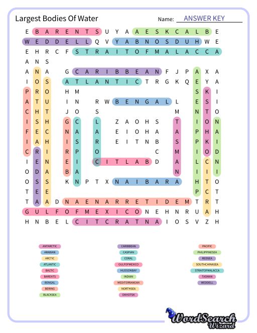 Largest Bodies Of Water Word Search Puzzle