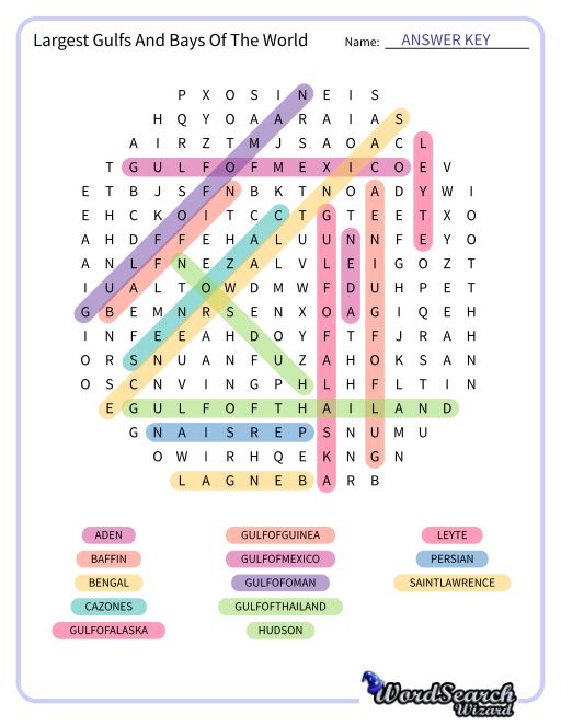 Largest Gulfs And Bays Of The World Word Search Puzzle