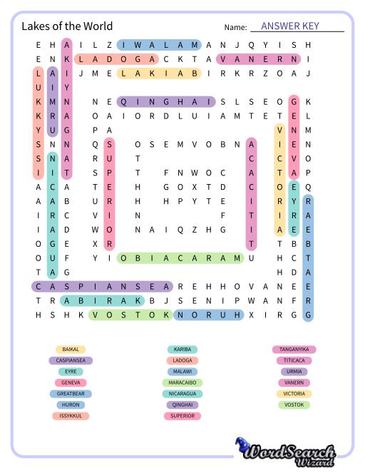 Lakes of the World Word Search Puzzle