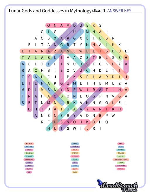 Lunar Gods and Goddesses in Mythology: Part 1 Word Search Puzzle