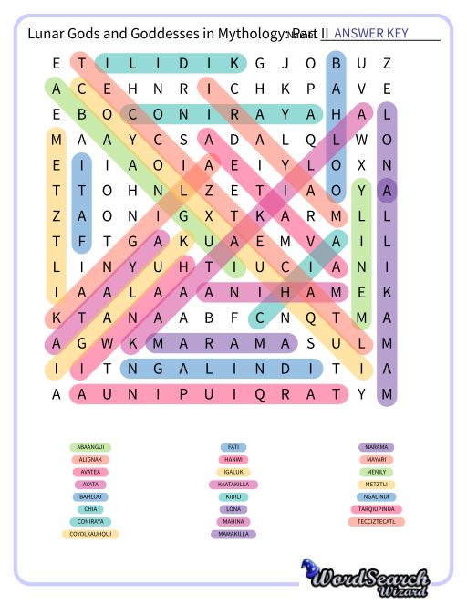 Lunar Gods and Goddesses in Mythology: Part II Word Search Puzzle