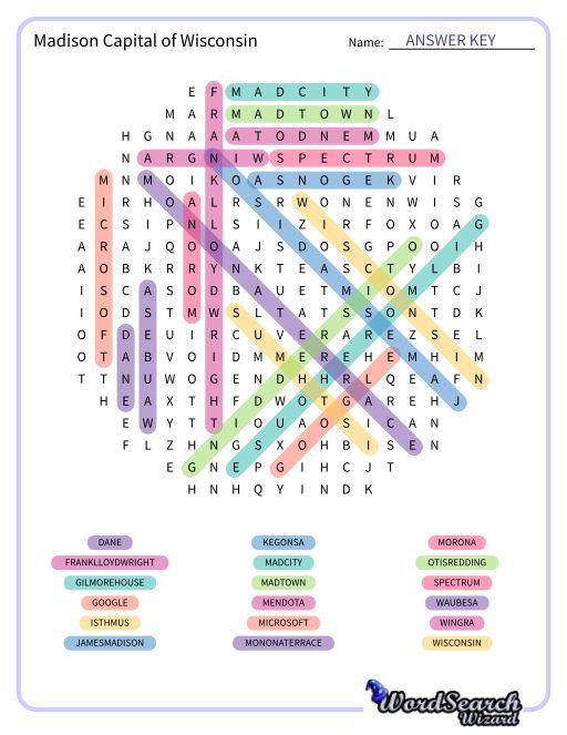 Madison Capital of Wisconsin Word Search Puzzle
