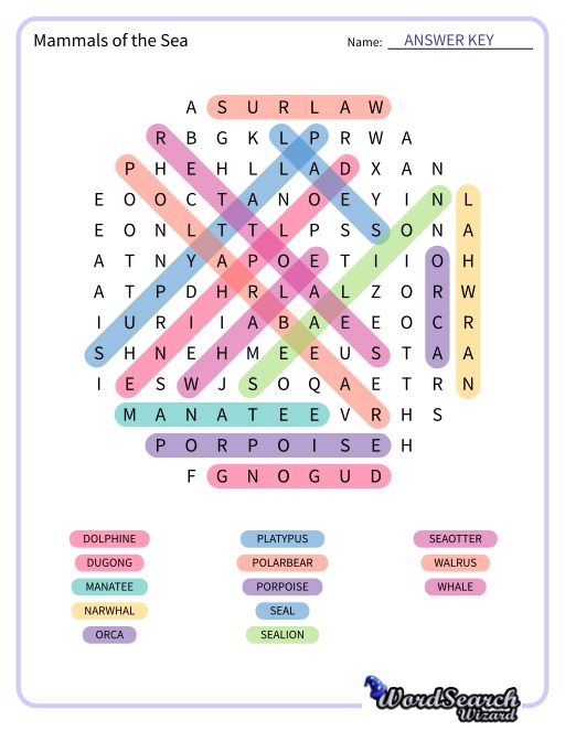 Mammals of the Sea Word Search Puzzle