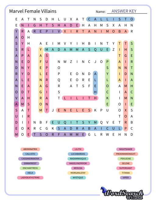 Marvel Female Villains Word Search Puzzle