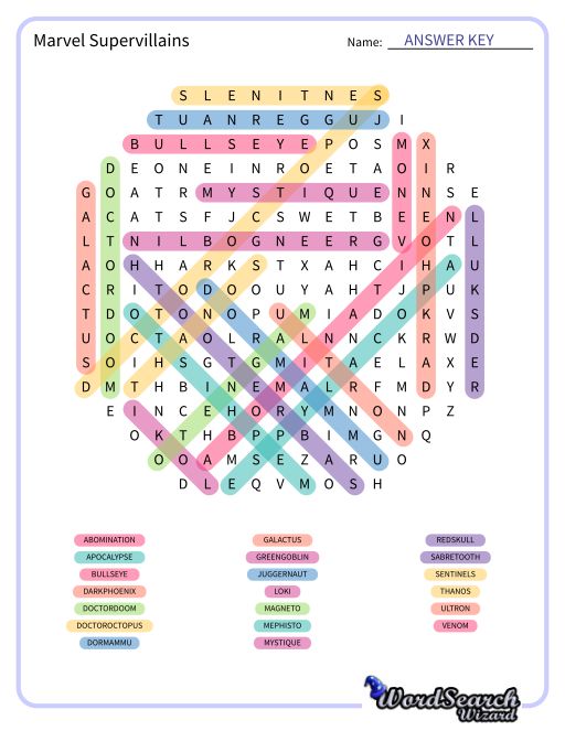 Word Search Puzzle Marvel Supervillains