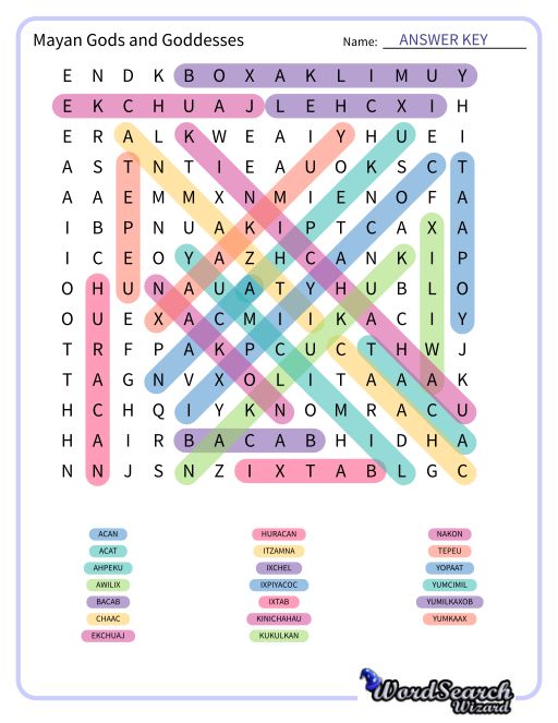 Mayan Gods and Goddesses Word Search Puzzle