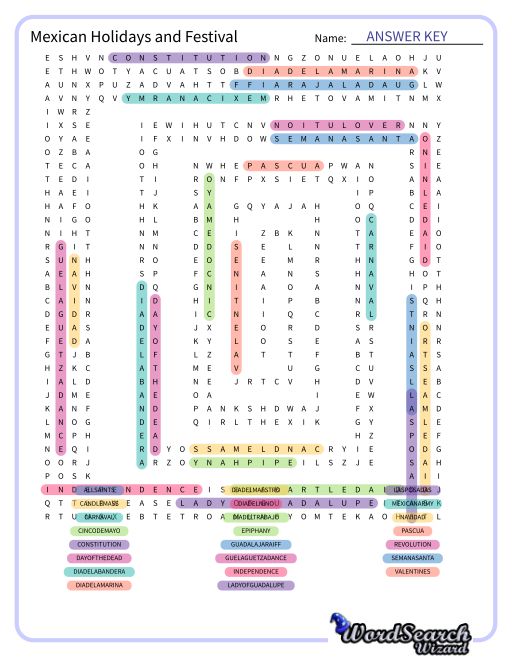 Mexican Holidays and Festival Word Search Puzzle