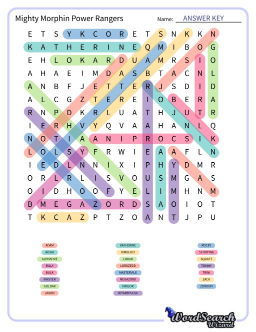 Mighty Morphin Power Rangers Word Search Puzzle