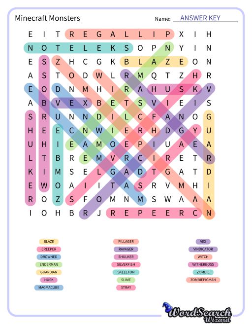 Minecraft Monsters Word Search Puzzle