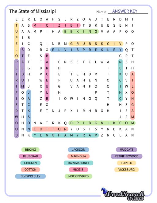 The State of Mississipi Word Search Puzzle