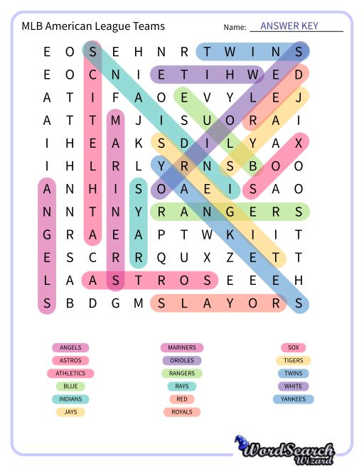 MLB American League Teams Word Search Puzzle