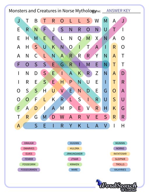 Monsters and Creatures in Norse Mythology Word Search Puzzle