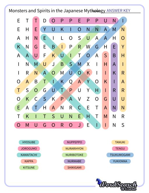Monsters and Spirits in the Japanese Mythology Word Search Puzzle