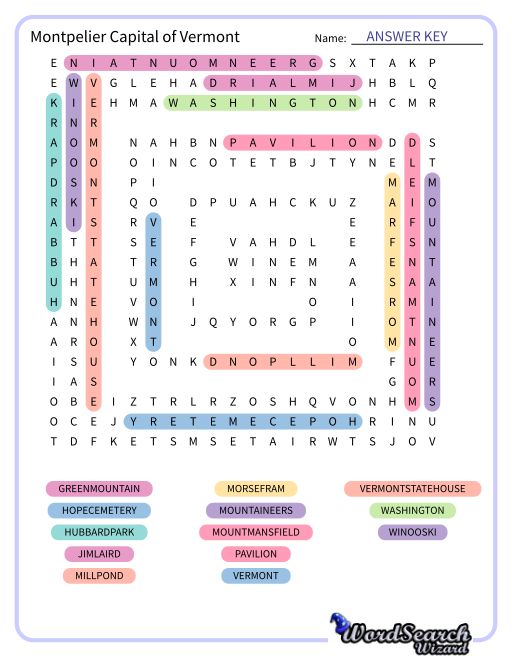 Montpelier Capital of Vermont Word Search Puzzle