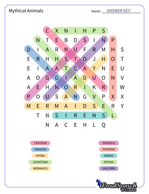 Mythical Animals Word Search Puzzle
