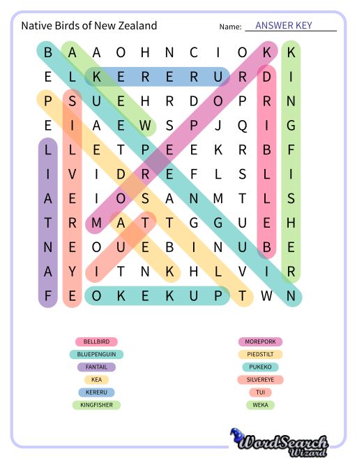 Native Birds of New Zealand Word Search Puzzle