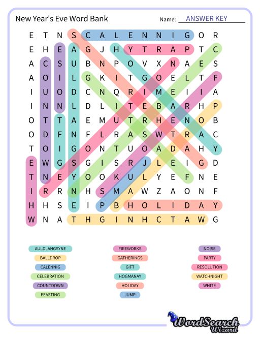 New Year's Eve Word Bank Word Search Puzzle