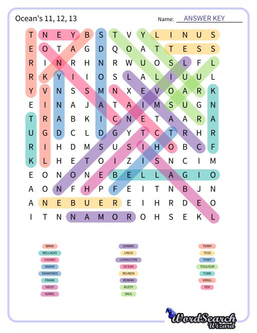 Ocean's 11, 12, 13 Word Search Puzzle