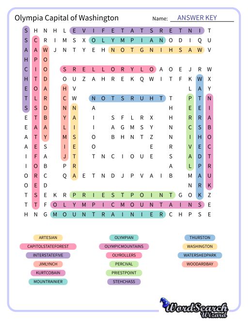 Olympia Capital of Washington Word Search Puzzle