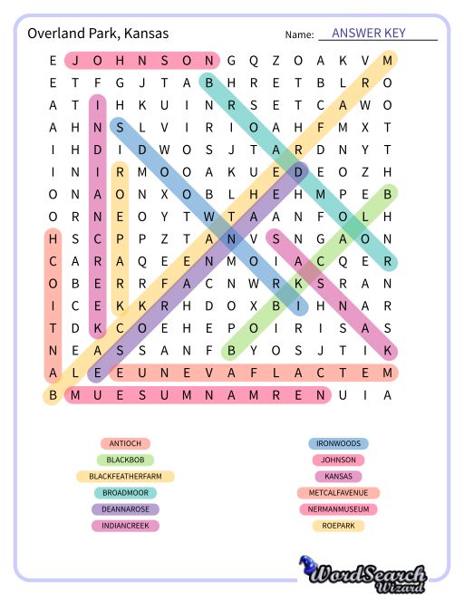 Overland Park, Kansas Word Search Puzzle