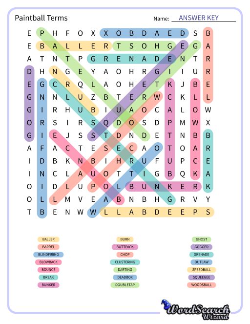 Paintball Terms Word Search Puzzle