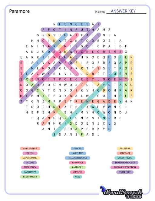 Paramore Word Search Puzzle