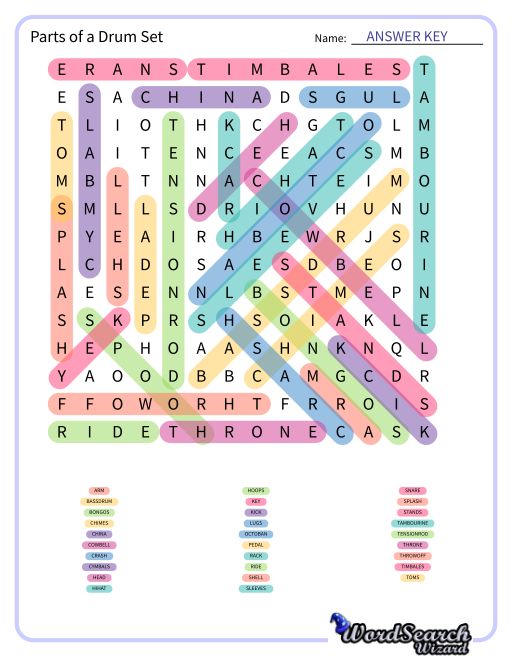 Parts of a Drum Set Word Search Puzzle