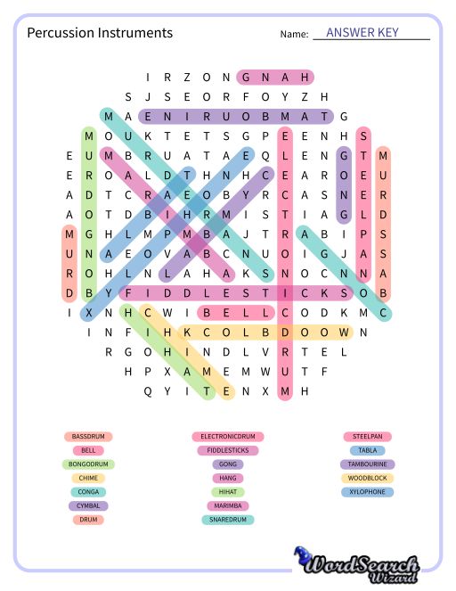 Percussion Instruments Word Search Puzzle