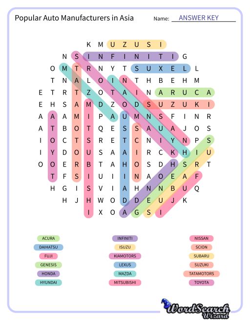 Popular Auto Manufacturers in Asia Word Search Puzzle