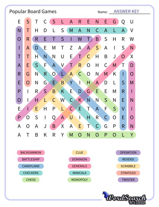 Popular Board Games Word Search Puzzle