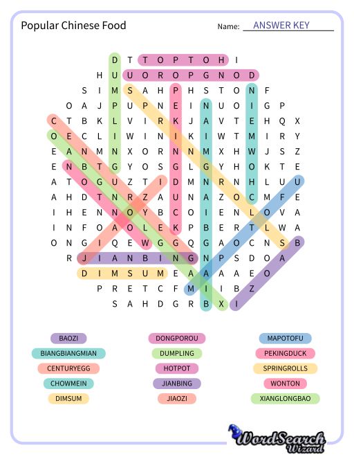 Popular Chinese Food Word Search Puzzle