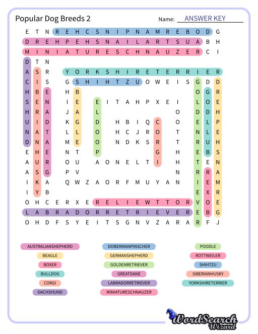 Popular Dog Breeds 2 Word Search Puzzle