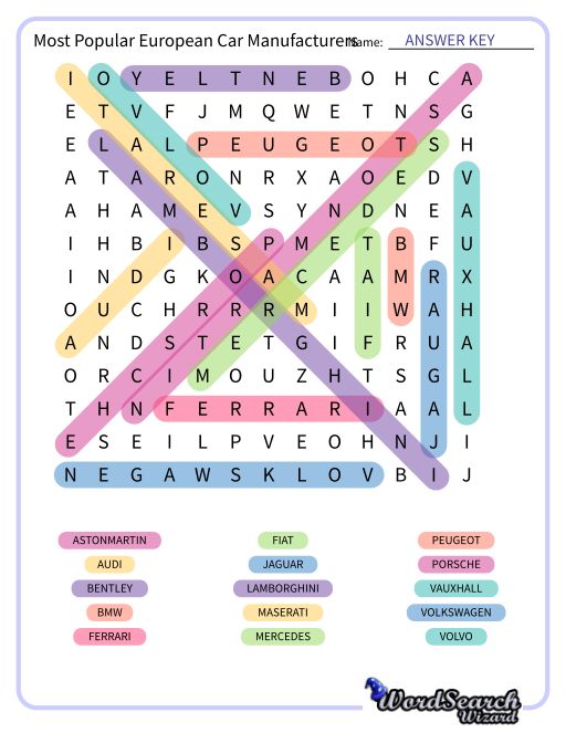 Word Search Puzzle Most Popular European Car Manufacturers