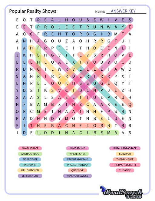 Popular Reality Shows Word Search Puzzle
