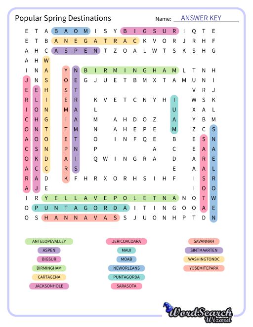 Popular Spring Destinations Word Search Puzzle