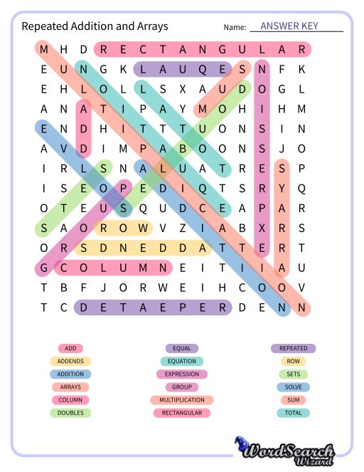 Repeated Addition and Arrays Word Search Puzzle