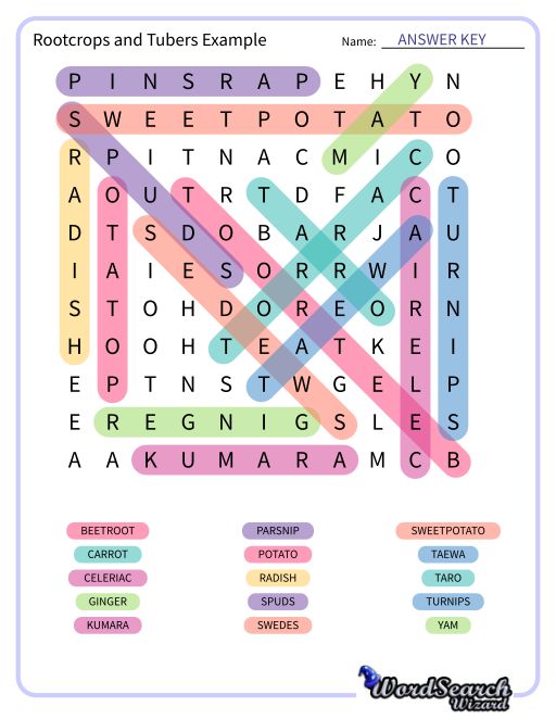 Rootcrops and Tubers Example Word Search Puzzle