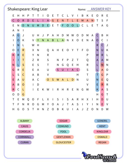 Shakespeare: King Lear Word Search Puzzle